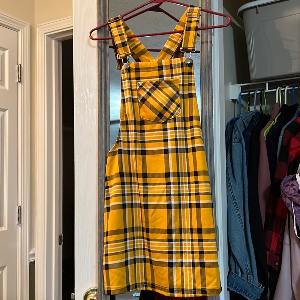 Yellow plaid fall overall dress